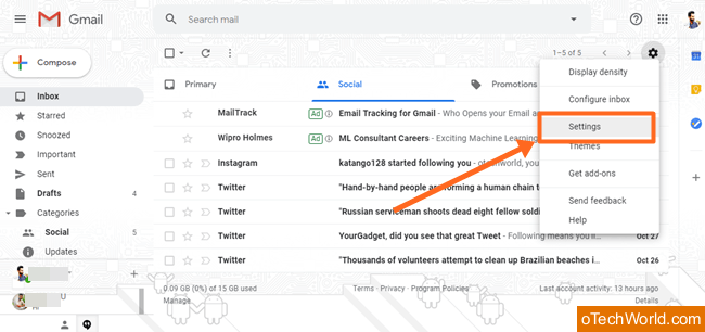 where is my settings icon in gmail