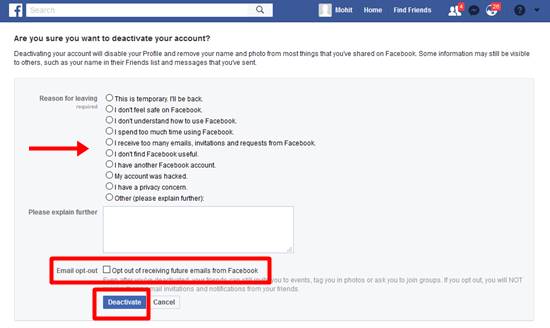 click on Deactivate option to close facebook account
