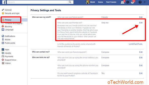 open privacy settings and click on edit