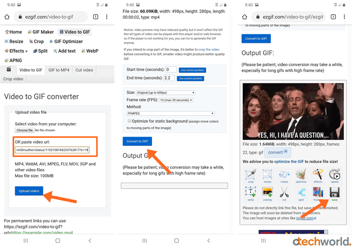 Open ezgif website on mobile browser to save gifs from Twitter