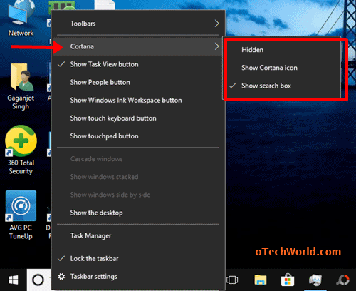 How To Hide Cortana Search Bar In Windows 10 - oTechWorld