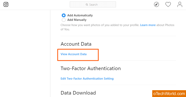 Open View Account Data on Instagram website
