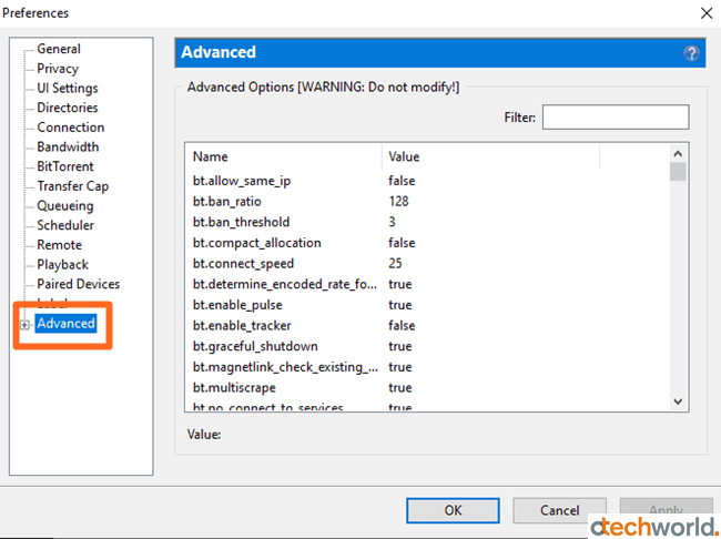Open Advanced tab from uTorrent Preferences