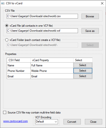 Excel CSV to Vcard converter