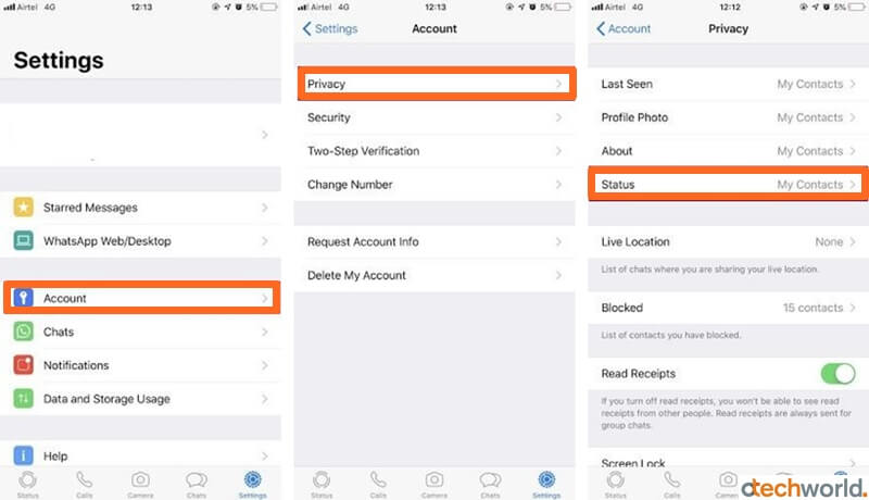 Open WhatsApp privacy settings on iPhone