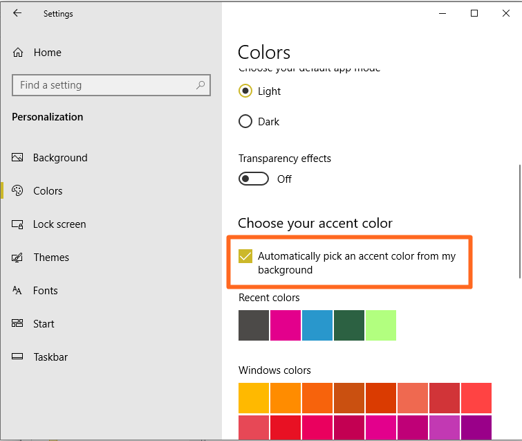 Enable Automatically pick an accent color from my background