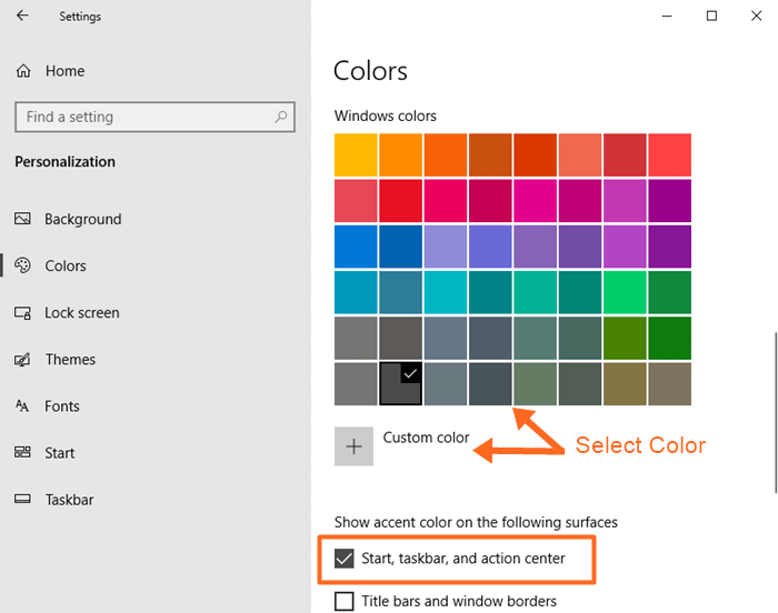 Select accent color and enable for taskbar