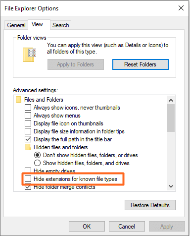 uncheck hide extensions for known file types