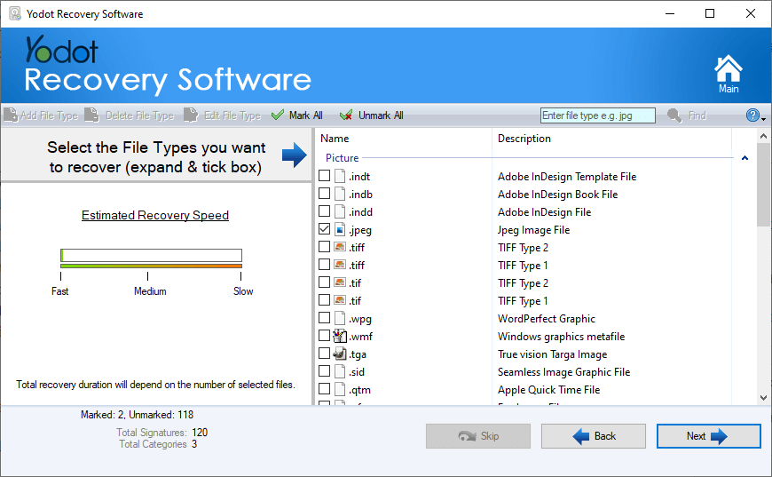 Select file types and formats
