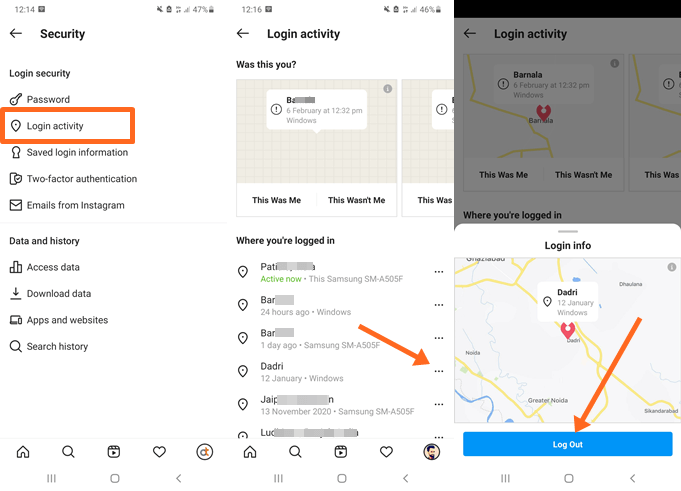 Log out of Instagram account from login activity