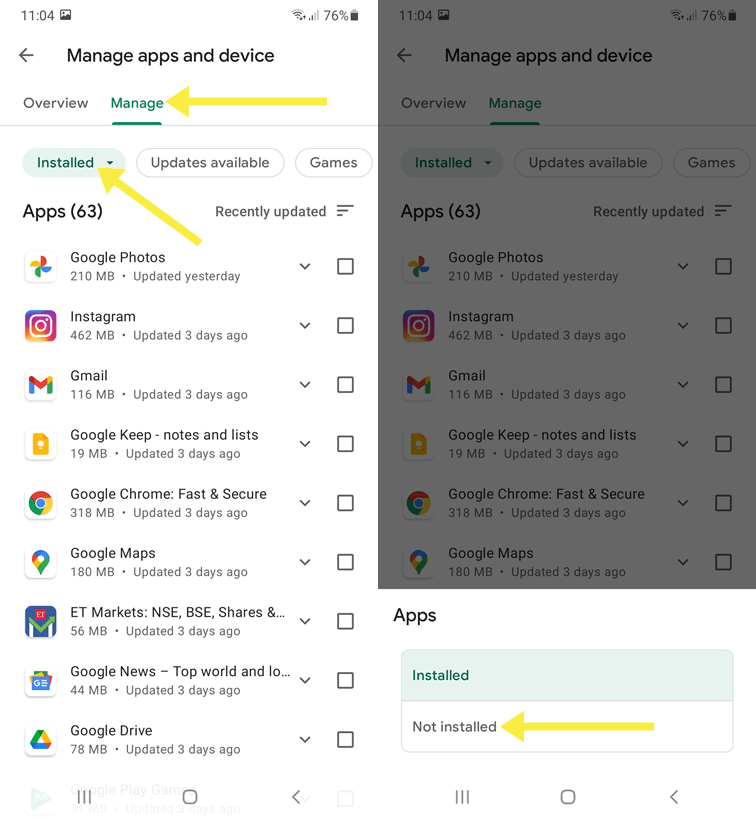 Open Not installed apps
