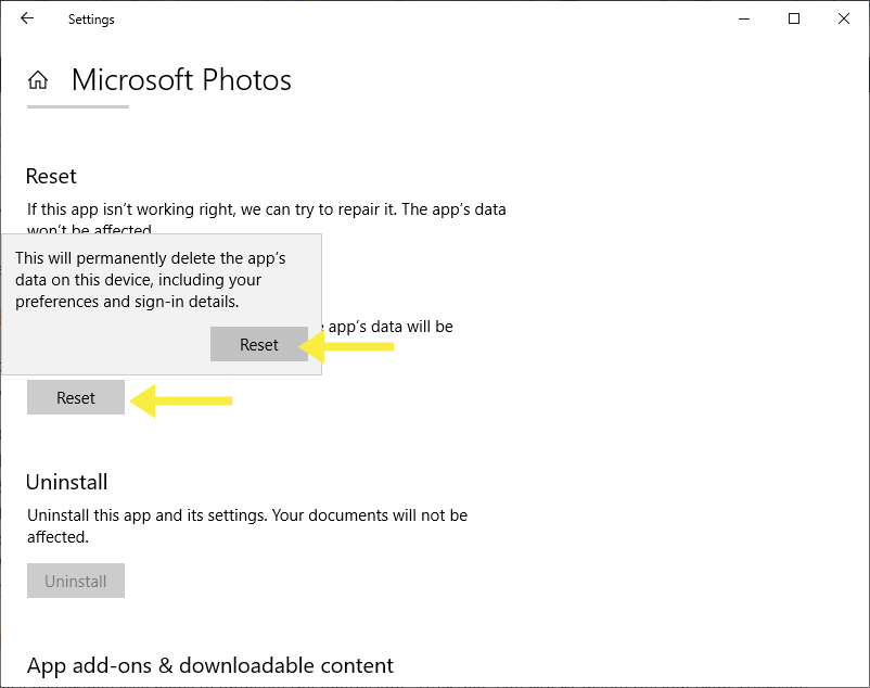 Click on Reset to reinstall photos app