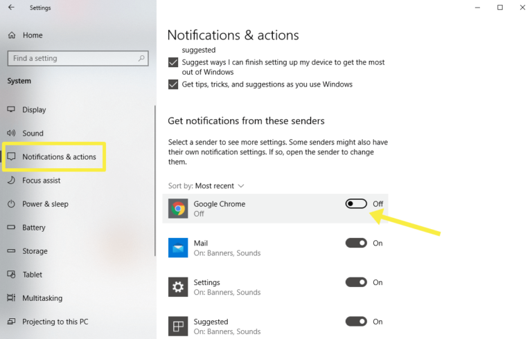 turn off google chrome notifications in windows 10