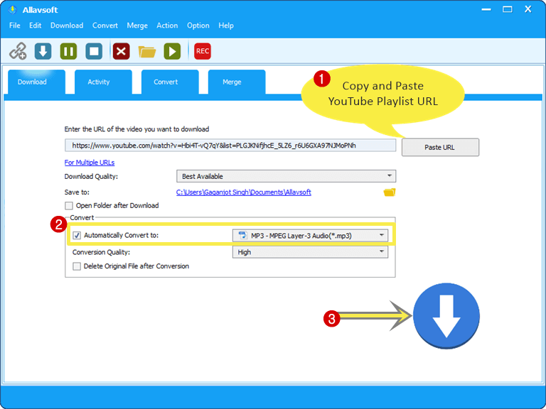 Paste Youtube playlist URL in Allavsoft