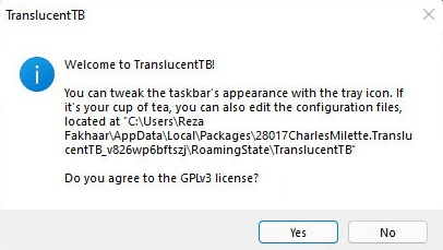 Click on Continue to make taskbar compltely transparent in Windows 11'