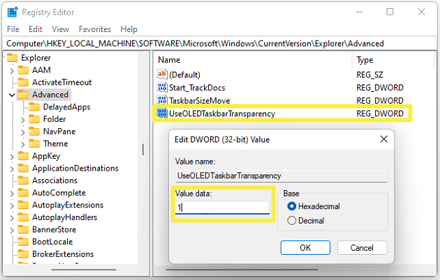 Rename UseOLEDTaskbarTransparency and change value