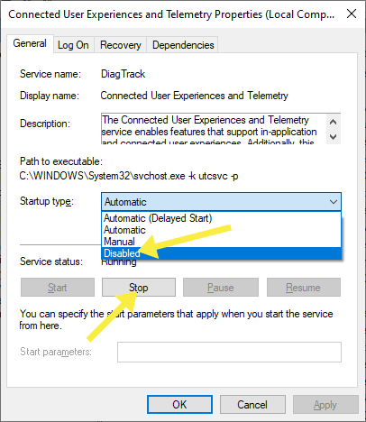 Select Disabled from startup type