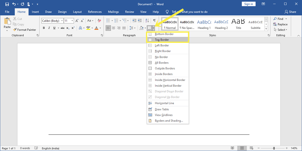 Add Horizontal line in word using borders