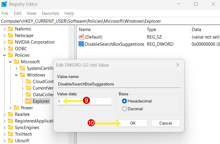 Change value data 1 in DisableSearchBoxSuggestions