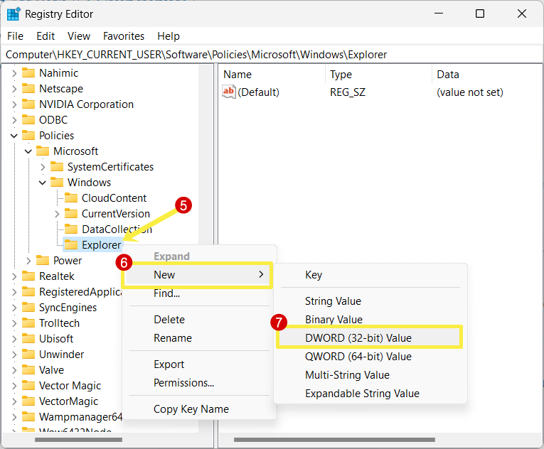 Create new DWORD 32 bit value in Explorer key