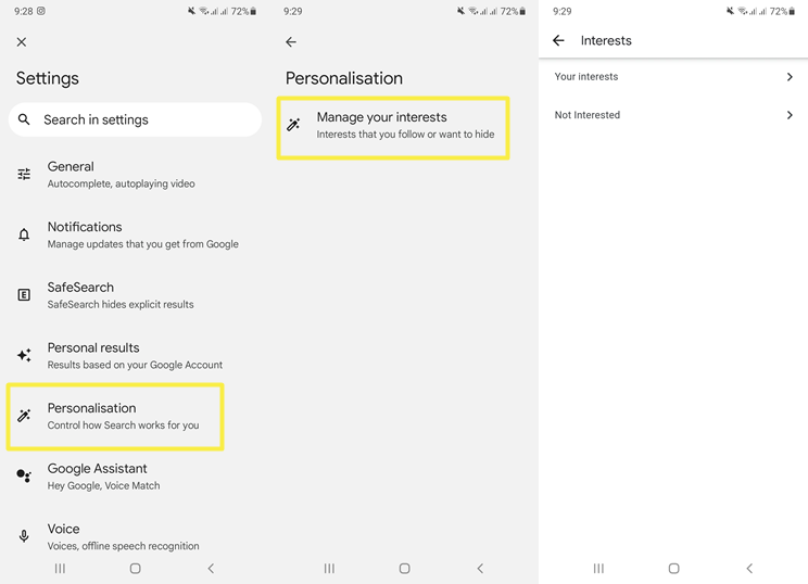Manage Discover Interests in Google app