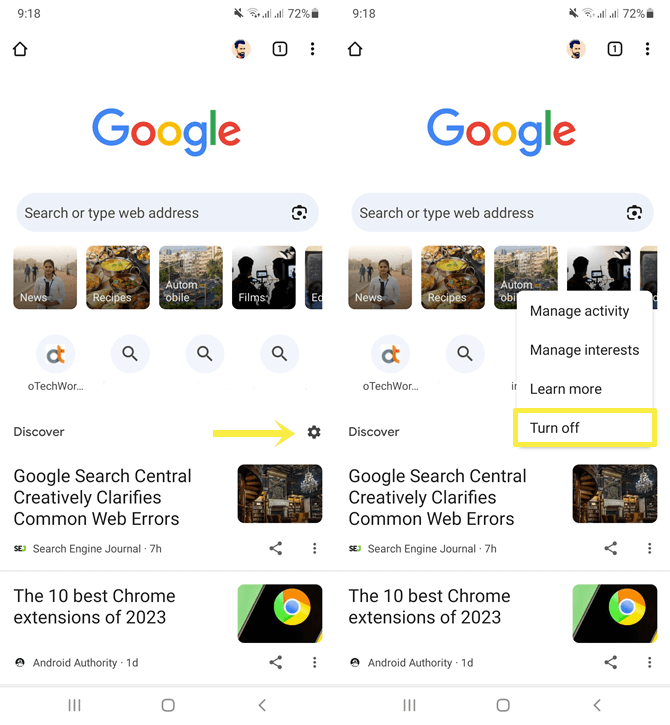 Turn off or on Discover in Chrome browser