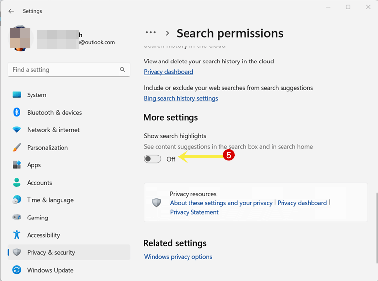 Turn off show search highlights