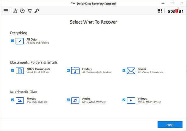 Click on next from stellar data recovery software