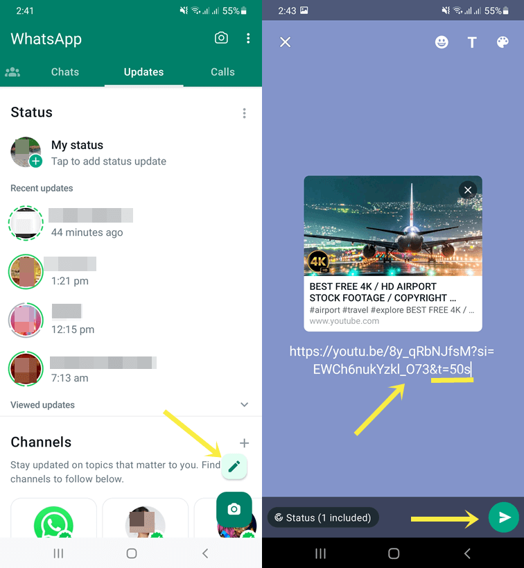 Share YouTube Video on WhatsApp Status Using Link