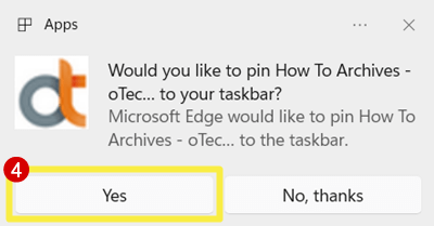 Click on Yes to confirm pin to taskbar website shortcut