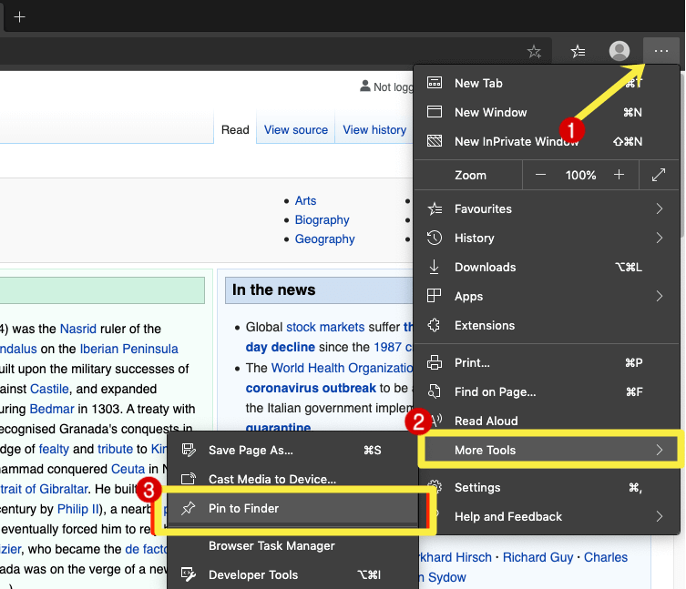 Edge Pin to Finder to create shortcut link on Mac Desktop