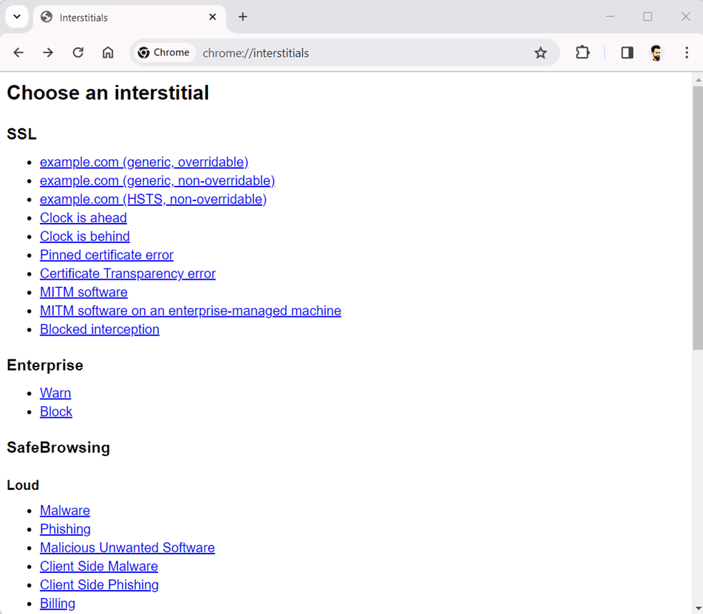 Open Chrome Interstitials Internal Page