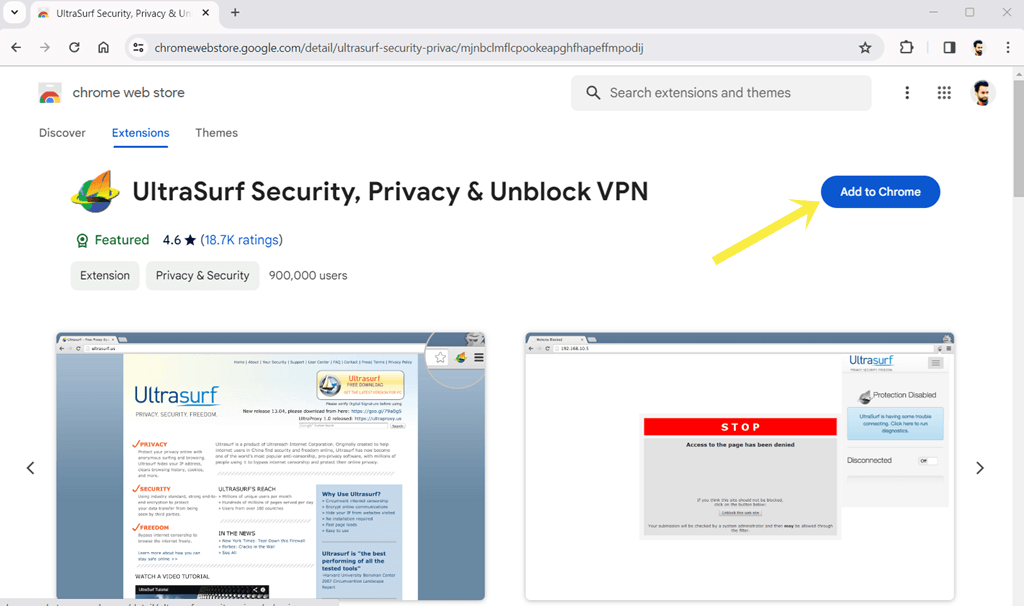 Click on Add to Chrome from web store to install UltraSurf