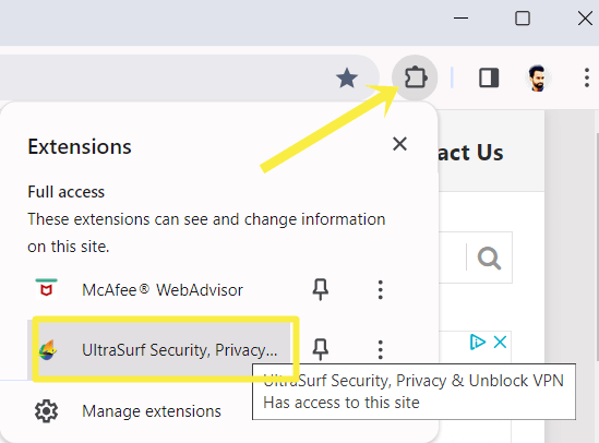 Go to Extensions from menu bar and select UltraSurf
