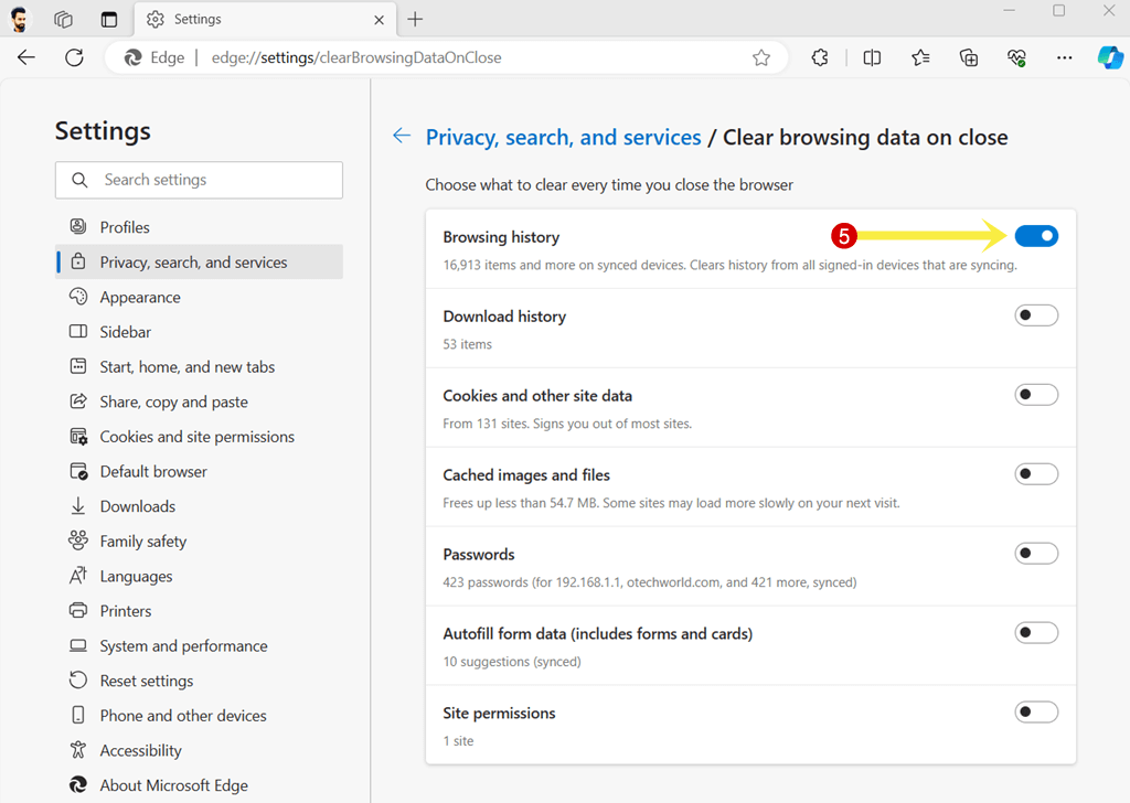 Enable Clear Microsoft edge browsing history on exit