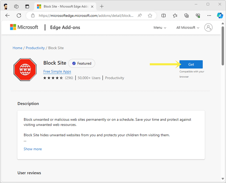 Install Block Site extension on Edge