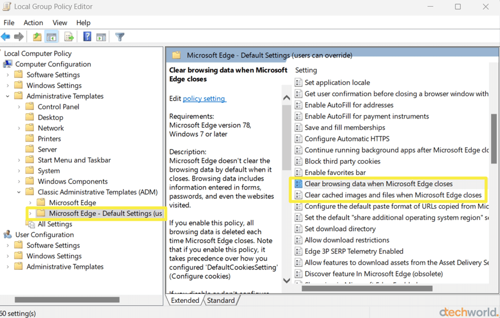 Open Clear browsing data when Microsoft Edge closes from group policy editor
