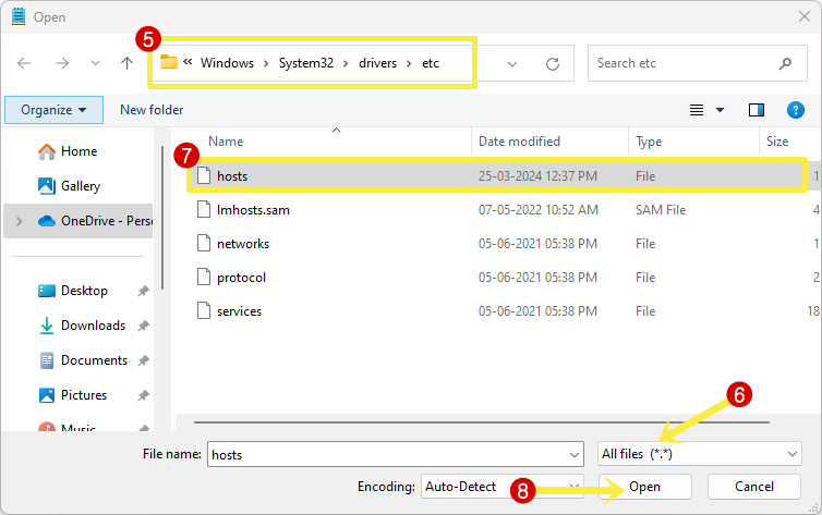 Open hosts file from notepad