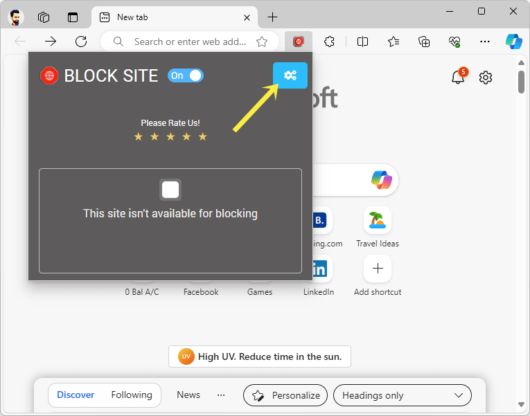 Select Gear icon to manage blocked sites