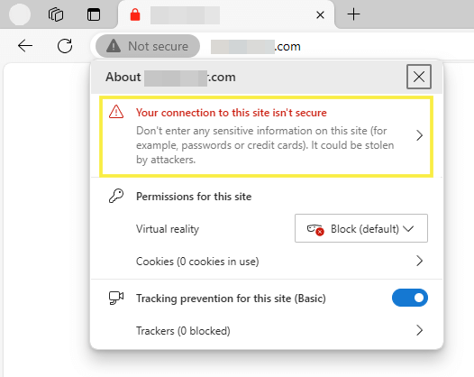 Your connection for this site is not secure warning in Edge