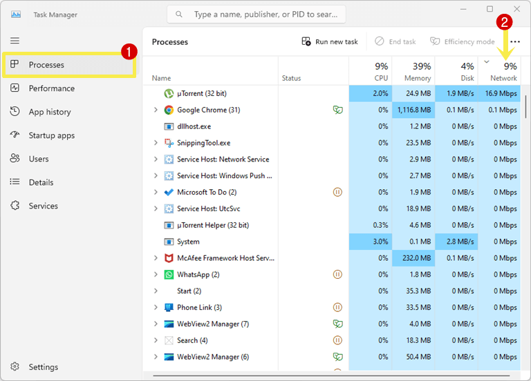 Monitor live data usage in Windows 11 from Task Manage