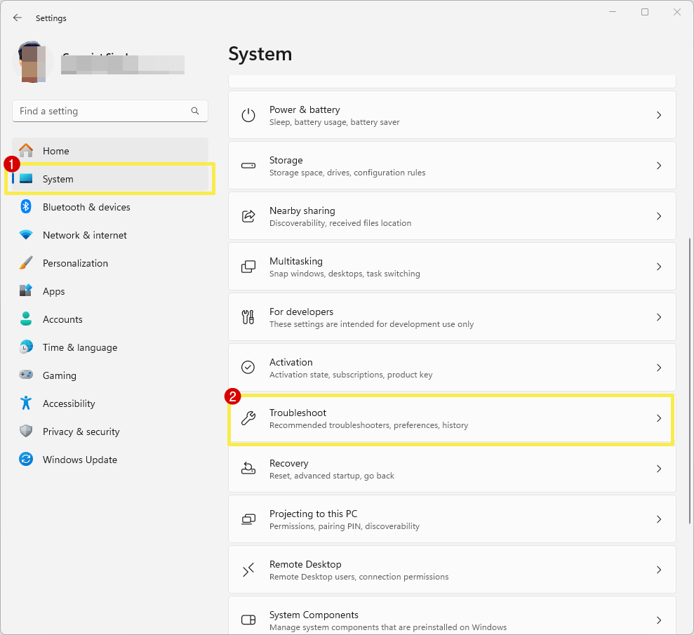 Open Troubleshoot option from settings