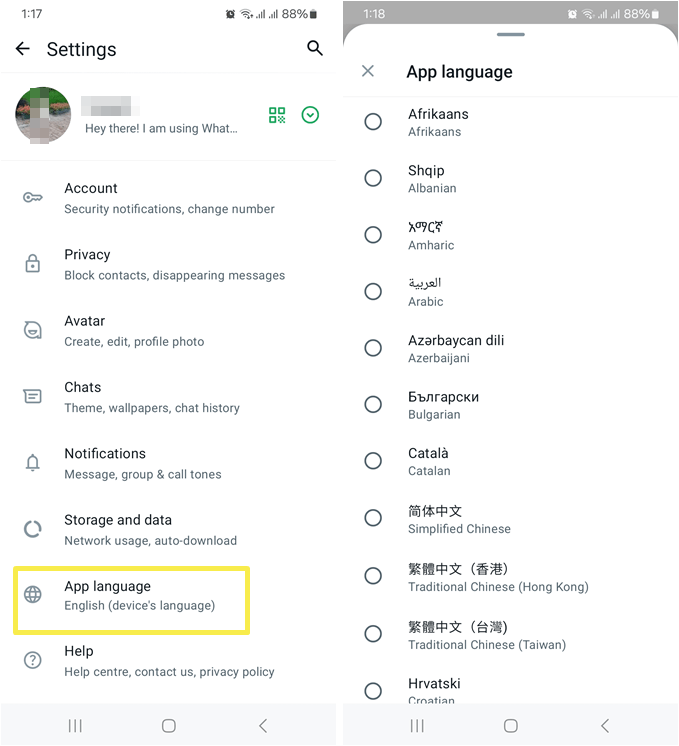 Change language in WhatsApp