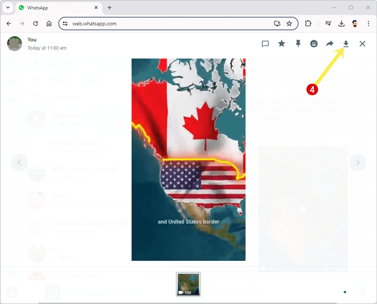Click on Download icon to save video from WhatsApp Web on Browser