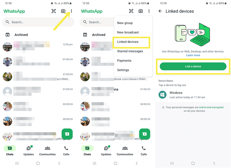 Link WhatsApp Web client through mobile phone using QR code