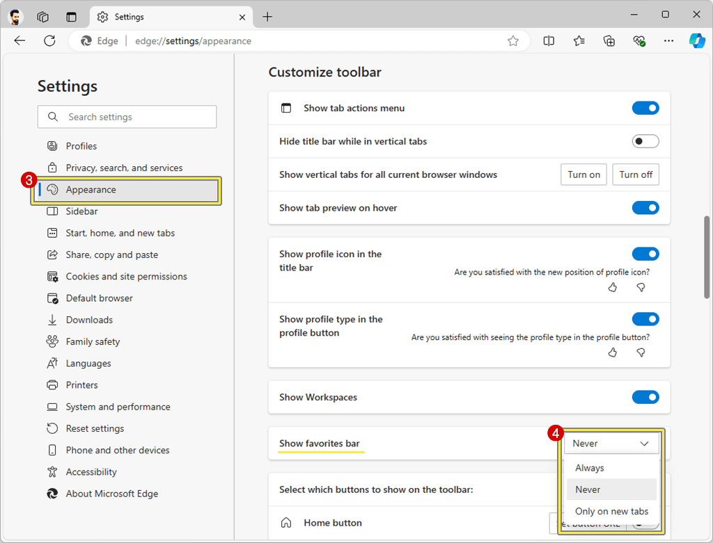 Show or Hide Favorites Bar From Edge Settings