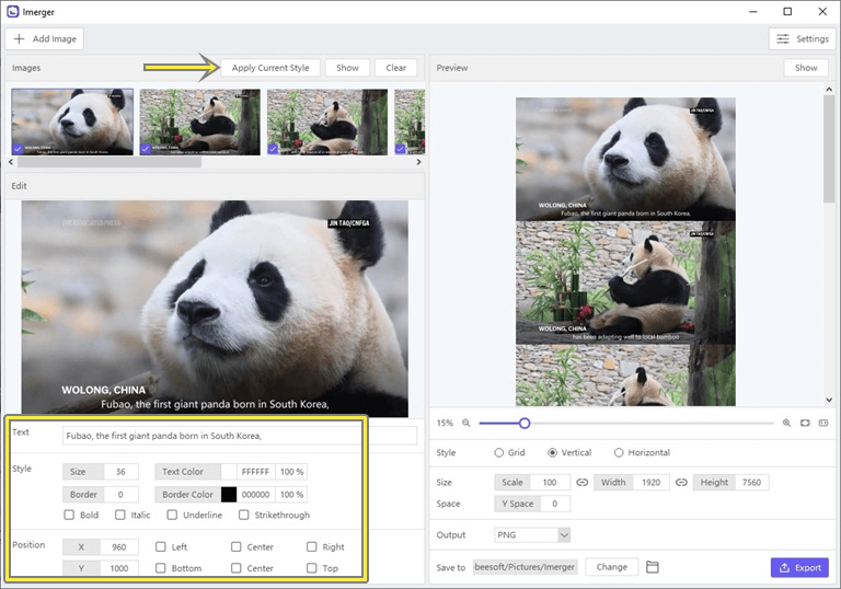 Add text and apply current style to all images in imerger