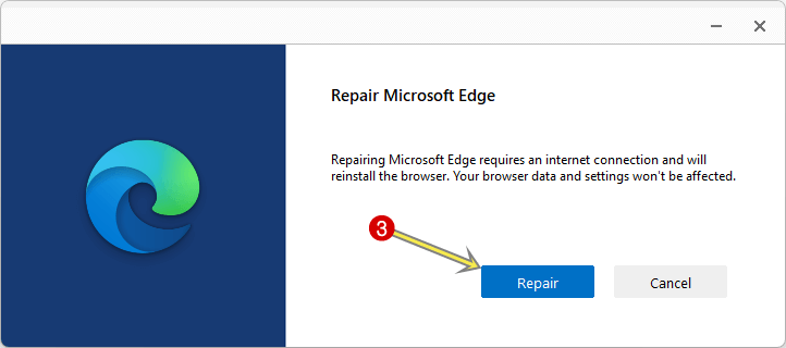 Click on Repair button to repair Microsoft Edge