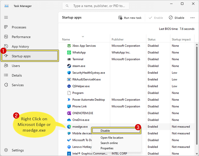 Disable Edge from Startup Apps using Task Manager