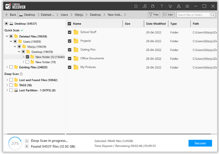 Locate the deletd files in remo recover
